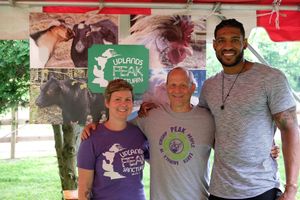 PEAK co-founders Michelle and Mark Pruitt with David Carter (The 300 Pound Vegan). at Peak Animal Sanctuary in Freedom