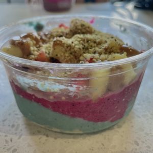 Cloud 9 and pitaya bases, strawberries, pineapple, almond butter, and hemp seeds  at SoHo Juice in St Petersburg