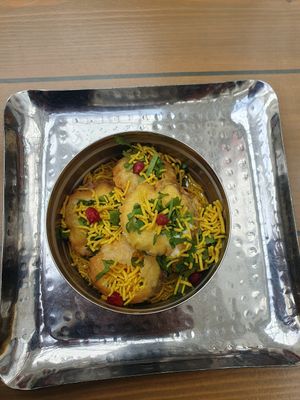 Vegan Yoghurt Chat Bombs:
Crisp bread puffs filled with chickpeas, spiced yoghurt, tamarind & coriander. at Mowgli in Manchester