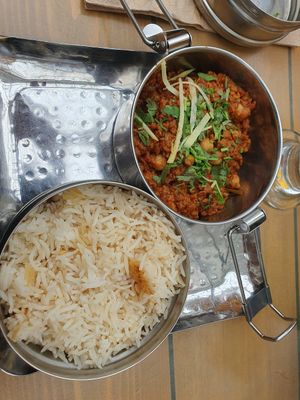 Mowgli Keema Karma:
Succulent ground plant protein simmered with roast cumin, cloves, tomato, peas & pulses. Served with Mowgli Basmati Rice:
Steamed with black cardamom & cumin. at Mowgli in Manchester