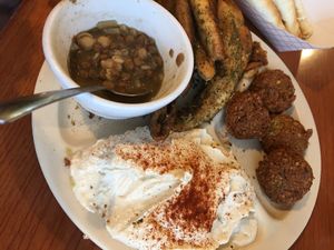 Soup,  hummus,  falafel and fried pita!  at Oasis - The Falafel Joint in Iowa City