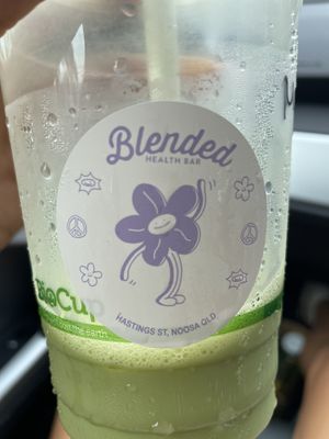 logo and an almost finished matcha latte!  at Blended Health Bar in Noosa Heads