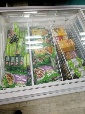 Frozen vegan meats at Sheel Pharmacy in South East London