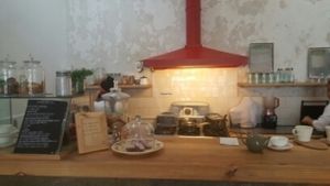 kitchen with antique stove at La Verde in Lima