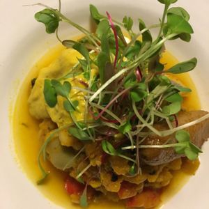 Daily special, pumpkin stew with broad and Lima beans and glazed bananas with a cashew sauce at La Verde in Lima