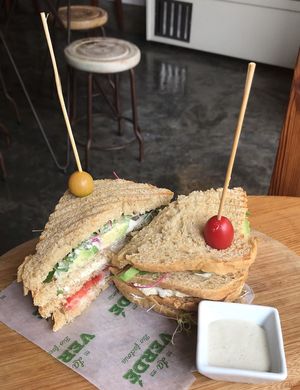 A sandwich with some sort of tofu mayonnaise filling at La Verde in Lima