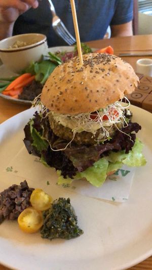 Burger with olives  at La Verde in Lima