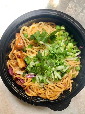 Orange (minus the chicken) Lo Mein + Tofu at Noodles & Company in Miamisburg