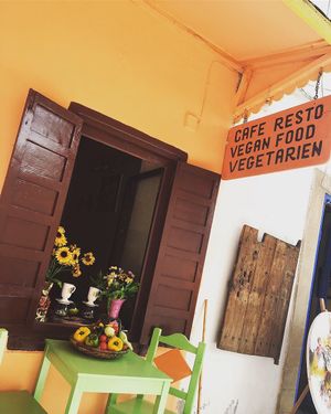 The back entrance, we sat out here on the table, so cute! at Chez Khadija in Essaouira