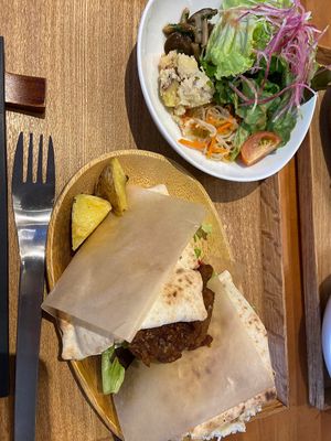 Pita with falafel at Gomacro in Kyoto