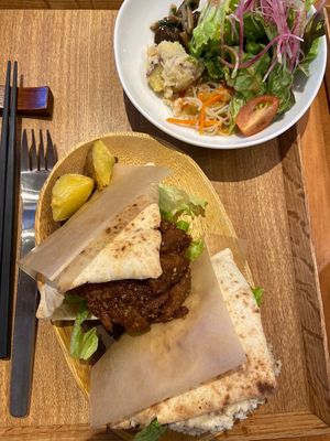 Pita with falafel at Gomacro in Kyoto