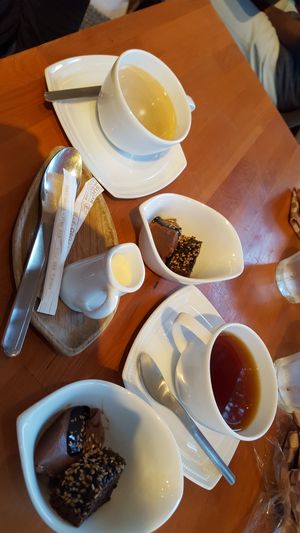 chocolate mouse and chocolate sesame cake mini dessert + coffee and tea at Gomacro in Kyoto