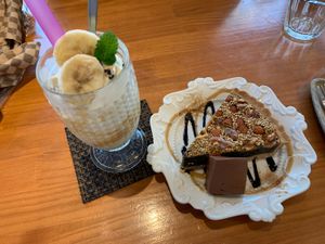 I couldn’t eat any of the savoury options (none gluten-free) so settled for the nut pie and a banana smoothie! at Gomacro in Kyoto