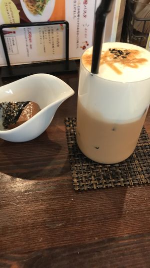 Set dessert and sesame chai with soy milk  at Gomacro in Kyoto