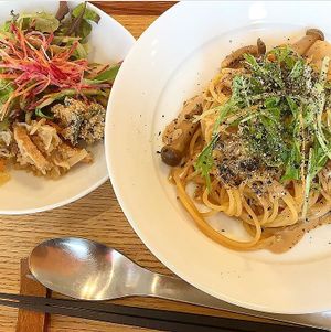 Mushroom pasta (comes with side salad) at Gomacro in Kyoto