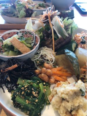 Lunch set! A lot of little dishes, all savoury and especially good drizzled with a little of their original sesame seed oil. The sesame tofu miso soup was especially delicious. at Gomacro in Kyoto