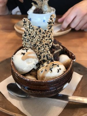 Soy ice cream with red bean, sesame drizzle  at Gomacro in Kyoto