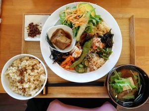 Mixed plate with miso soup and rice at Gomacro in Kyoto