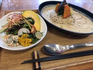 Curry with rice and salad at Gomacro in Kyoto