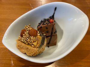 Set menu dessert - chocolate mousse and sesame tart at Gomacro in Kyoto