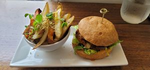 My burger and fries from my first visit. at Bliss Kitchen in Waterdown