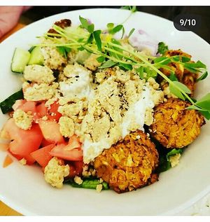Falafel Salad. Almond feta devine. at Bliss Kitchen in Waterdown
