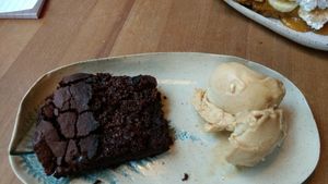 green and black chocolate brownie at The Brook in East London