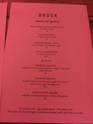 Dessert menu at The Brook in East London