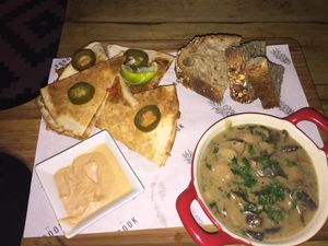 Jackfruit quesadilla on the left, garlic mushrooms on the right at The Brook in East London
