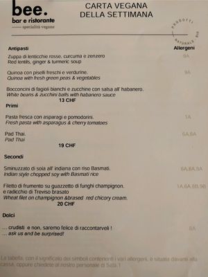 vegan menu at Bee in Lugano