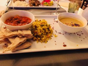 Vegan platter- Mexican beans, Indian rice and Pineapple gazpacho!  at Bee in Lugano