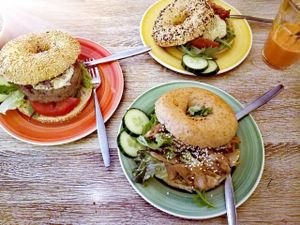 3 Vegan bagels. Dutch weed bagel, hummus and sundried tomato bagel, vegan teriyaki chicken bagel. at Bagels & Beans - Gierstraat in Haarlem