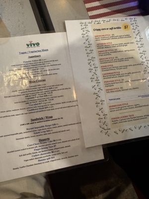 Current menu and Friday night taco menu  at Vivo Cafe & Restaurant in West Bay