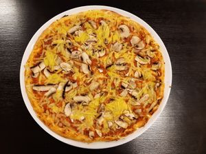 Mushroom pizza with vegan cheese at Kami Express in Saarbrucken