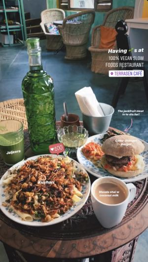 Kushari, game changer burger, jaljeera, masala Chai with coconut milk at Terrasen Cafe in Hyderabad