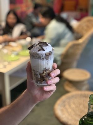 3 cats and a monkey dessert, so good!! Like cake in a cup at Terrasen Cafe in Hyderabad