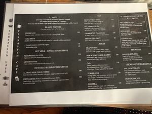 Drinks menu at Terrasen Cafe in Hyderabad