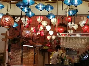 The environment - lots of beautiful lanterns hanging high up on the ceiling at Cuisine Viet & Lantern Lounge  in Hanoi