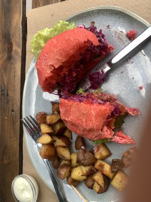 Pink chickpea white bean and beat burger   at BuenaVida Vegan in Tenerife