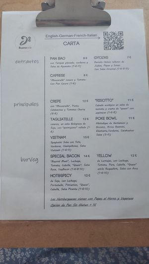 In house menu at BuenaVida Vegan in Tenerife