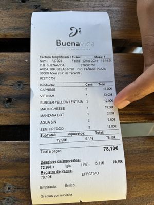 Receipt   at BuenaVida Vegan in Tenerife