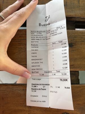 Receipt   at BuenaVida Vegan in Tenerife
