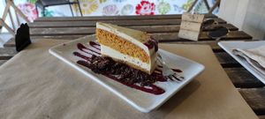 Carrot cake with raspberry coulis and chocolate and hazelnut granola at BuenaVida Vegan in Tenerife