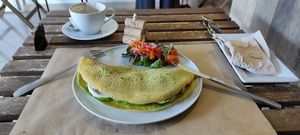 Crépe: Crépe with rocket and basil pesto, cashew nut 'mozzarella', grilled zucchini and confit cherry tomatoes at BuenaVida Vegan in Tenerife