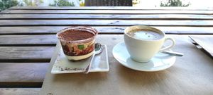 Home-made tiramisu and a nice cappuccino at BuenaVida Vegan in Tenerife
