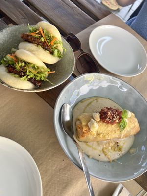 Bao buns for starter and lasagna which was delicious   at BuenaVida Vegan in Tenerife