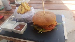 Soy BBQ Burger with French Fries at BuenaVida Vegan in Tenerife