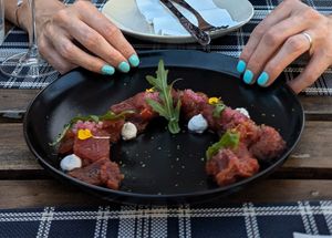 Watermelon salad had an amazing texture. "cheese" wasn't very cheese like! at BuenaVida Vegan in Tenerife