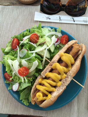 Hotdog and salad. Fennel toppings   at BuenaVida Vegan in Tenerife