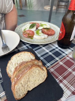 Caprese salad and bread  at BuenaVida Vegan in Tenerife